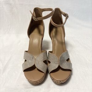 MATERIAL GIRL Rhinestone Cork Wedge Sandals 8.5M Nude Ankle Strap Platform Heels
